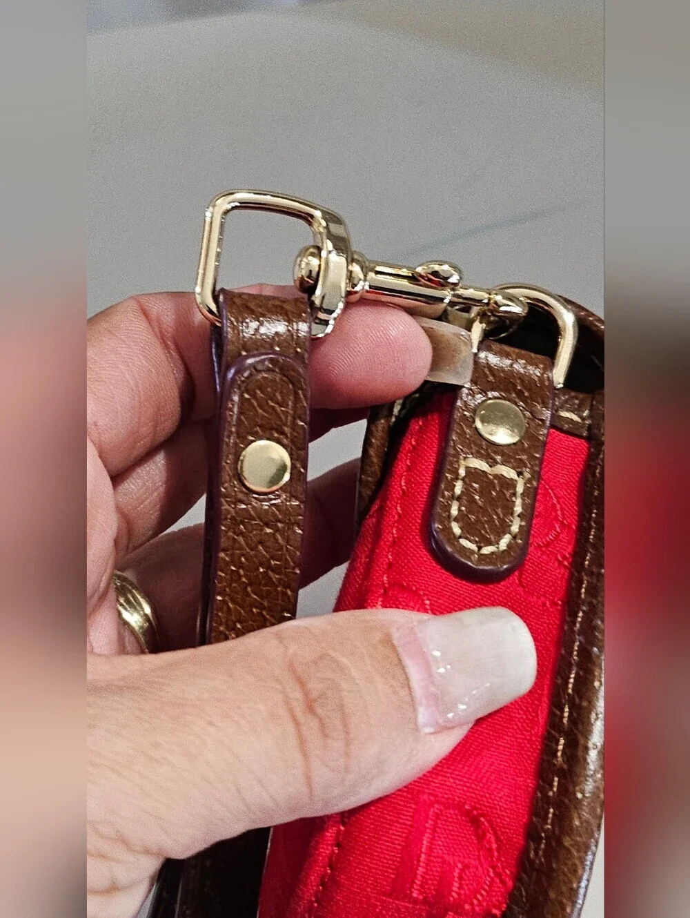 Dooney & Bourke Red Monogram Wristlet Pouch Brown Trim Smal Clutch Wallet.